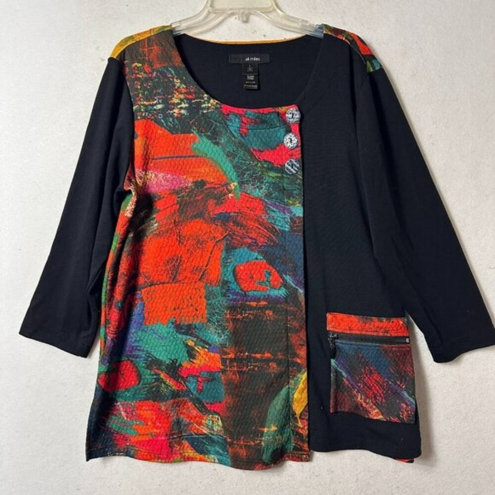 Ali Miles top shirt sz L colorful geometric butterfly design large buttons pkt